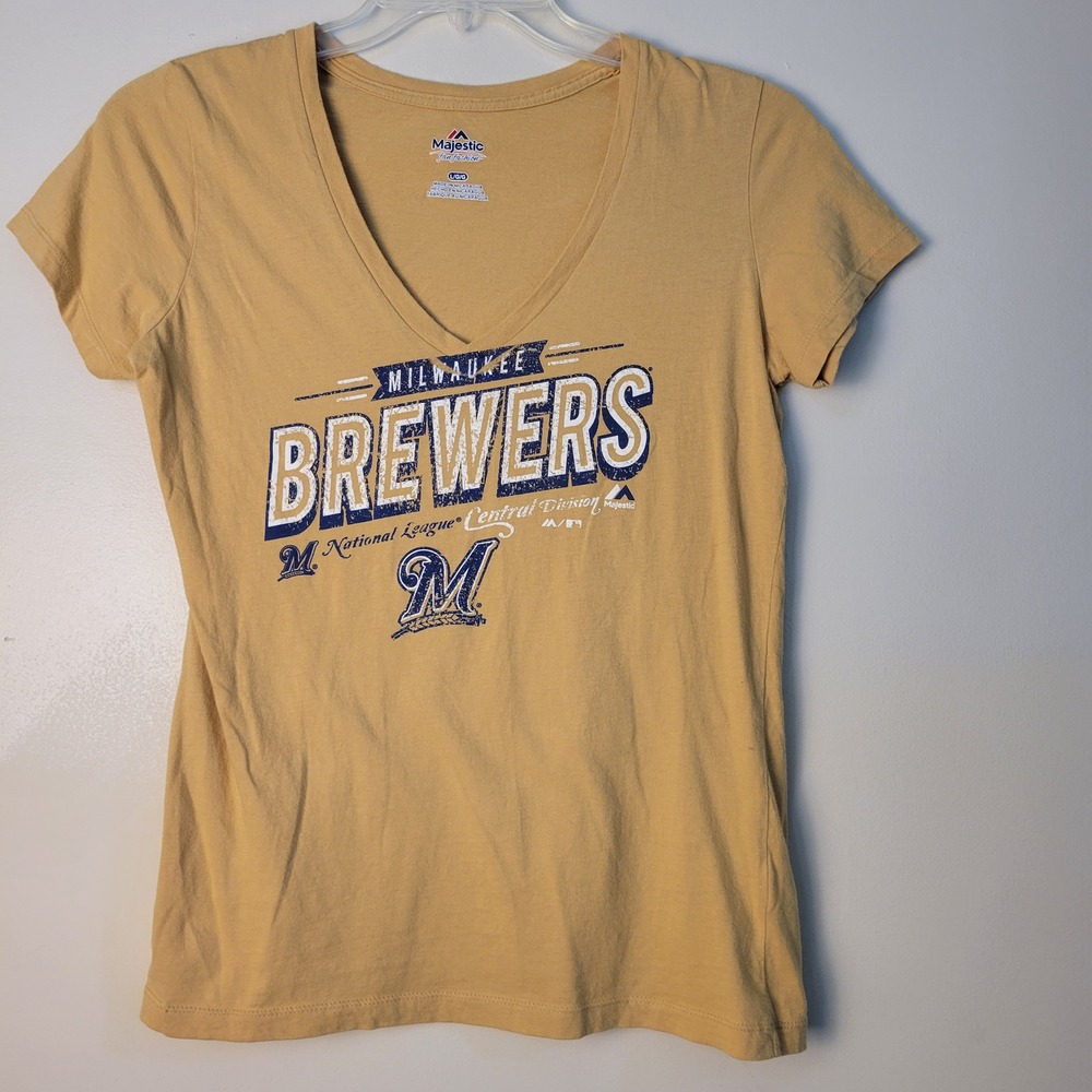 Majestic Milwaukee Brewers MLB V-Neck Graphic T-Shirt Gold Womens Large L